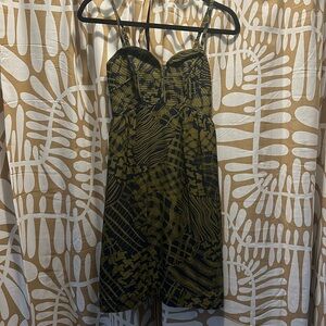 Olive Green and Navy Blue Patterned Sweetheart Neck Dress